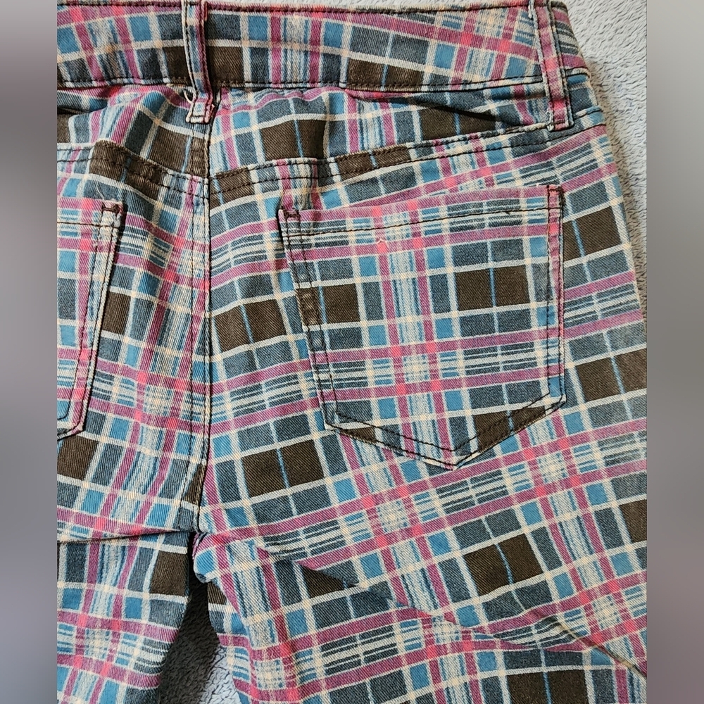 I Heart Ronson Plaid Jeans Women's 2 Tapered Stretch Pink Blue I Love Ronson